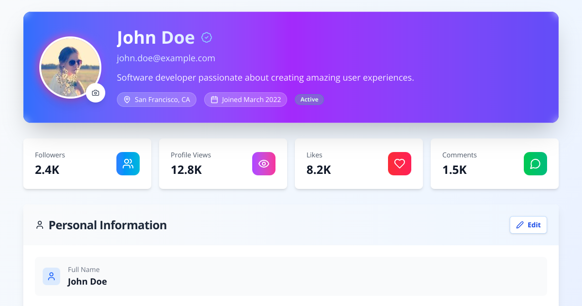 Preview of User profile page with avatar upload and activity timeline
