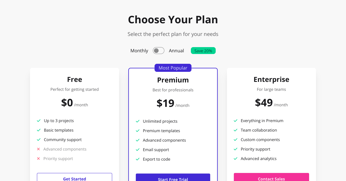 Preview of A modern pricing comparison table with Free, Premium and Enterprise plans