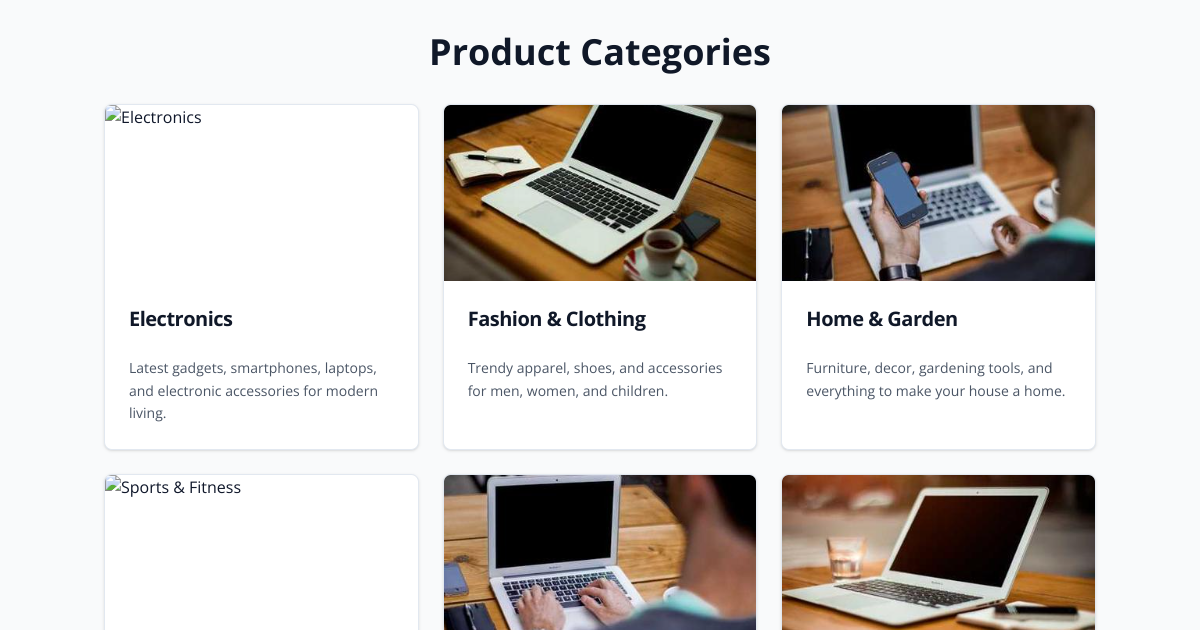 Preview of Product categories list with images, names and descriptions